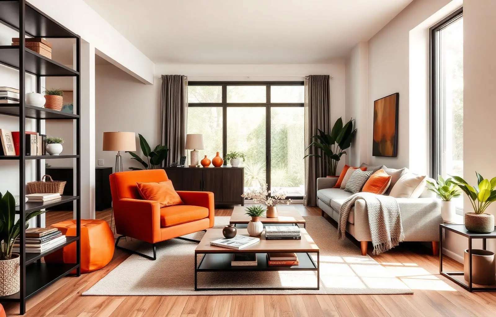 Sala de estar decorada com poltrona laranja, estante preta e sofá cinza junto a uma janela ampla